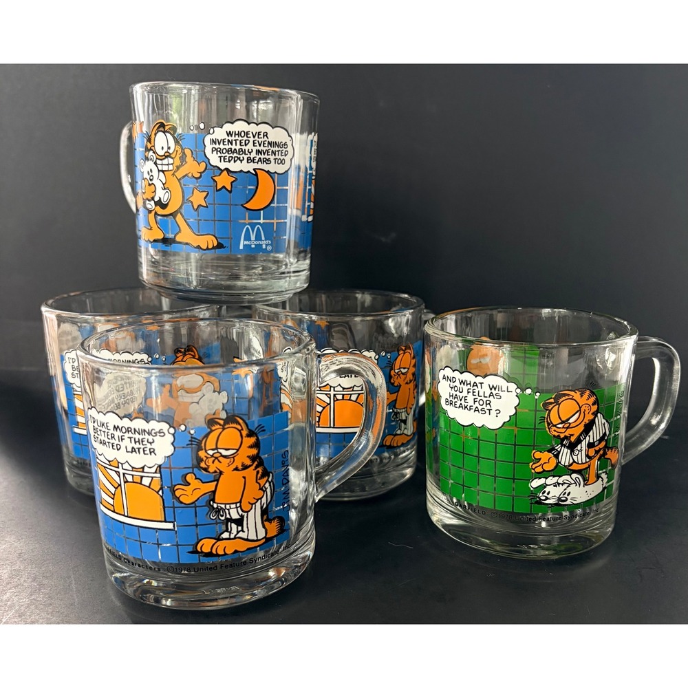 Vintage 1987 Garfield McDonalds Glass Coffee Mugs Jim Davis 8oz Cups